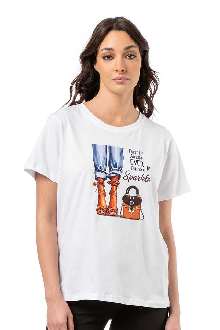 Μπλούζα μακό πενιέ με λαιμόκοψη και στάμπα #1487 SPARKLE - Λευκό - Λευκό